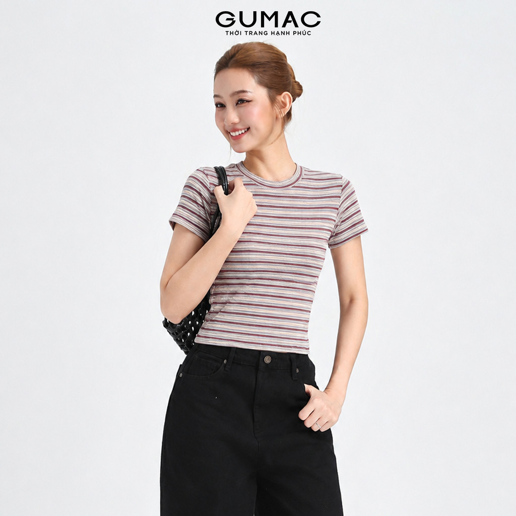 Áo Thun Nữ Babytee GUMAC Form Ôm Cổ Tròn Tay Ngắn Basic Chất Sọc Mịn Co Giãn Thoải Mái LATG05051