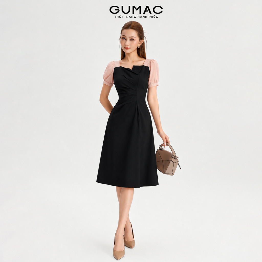 Đầm Nữ Dáng A Xòe GUMAC Thiết Kế Cổ Vuông Phối Tơ Xếp Ly Tay Phồng Thanh Lịch LDE0701