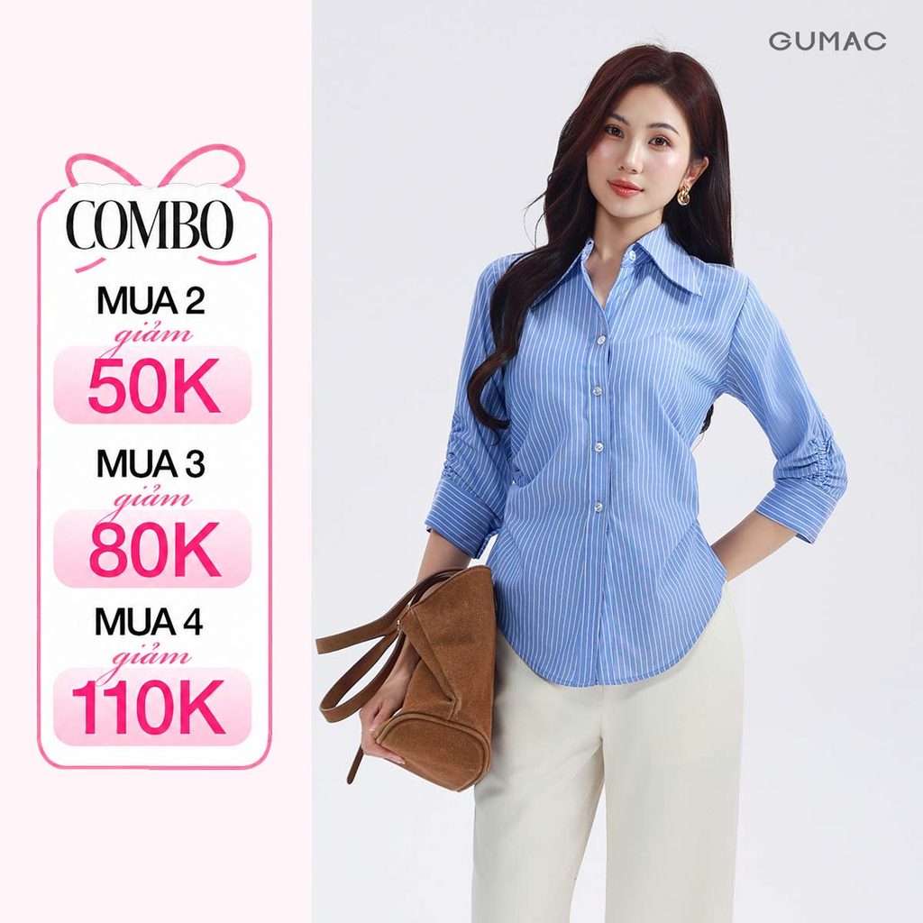 Áo Sơ Mi Nữ GUMAC Tay Lửng Có Nhún Chiết Ly Eo Vải Kate Xanh Sọc Đứng Form Thanh Lịch AF01024