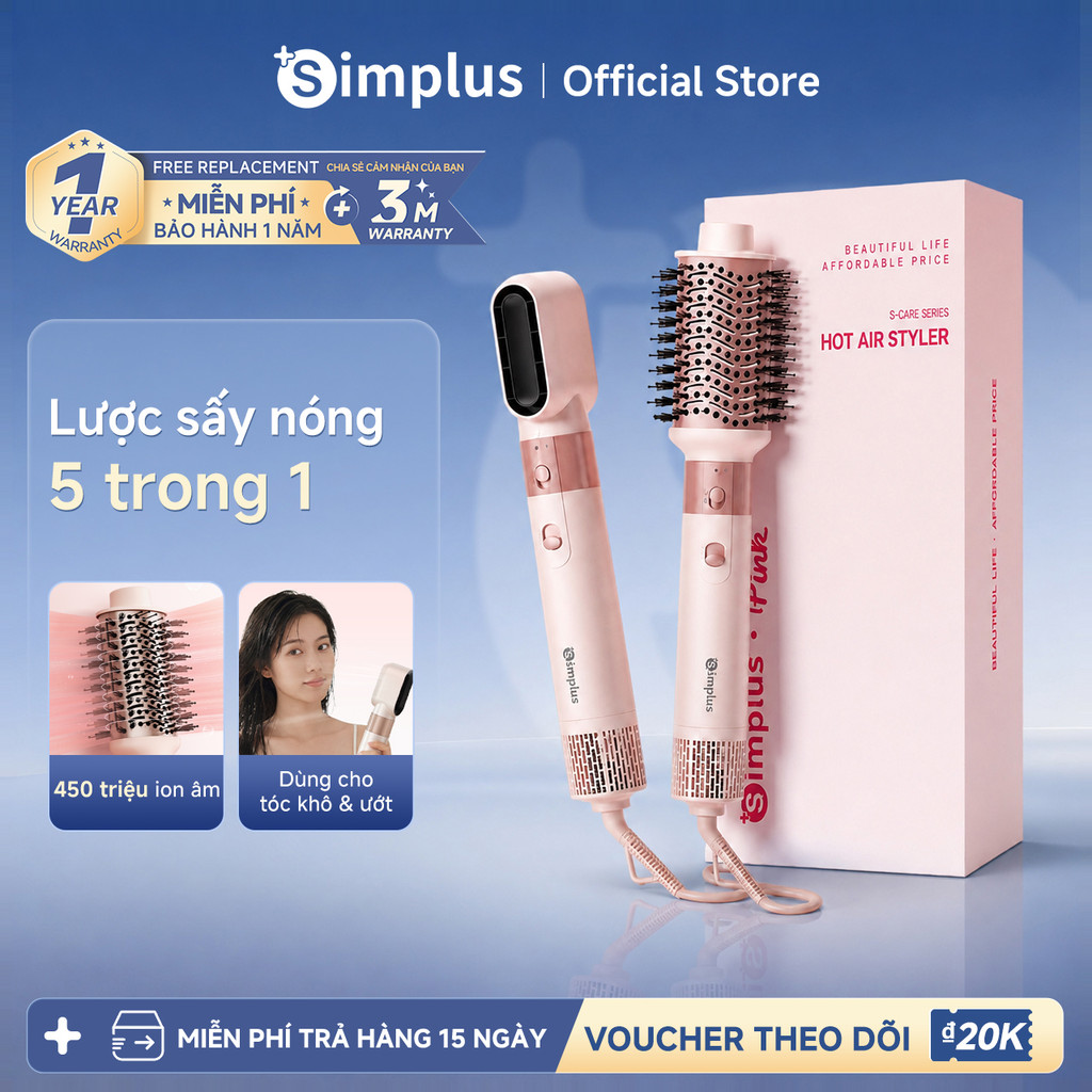 Simplus Lược sấy tạo kiểu 5 trong 1 Dùng cho tóc ướt 450 triệu ion âm Thiết kế đầu bàn chải mềm mại RFSH005
