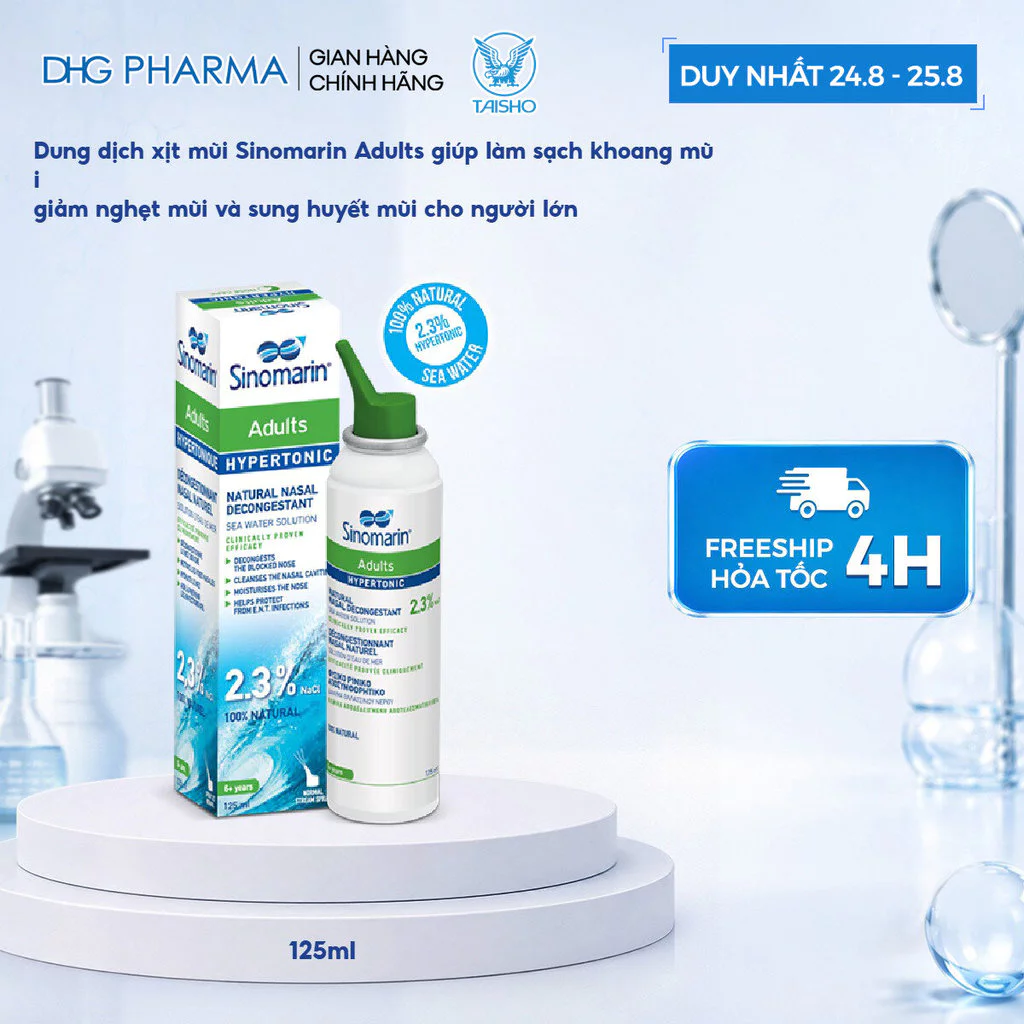 Dung dịch xịt mũi Sinomarin Adults 125ml, giúp làm sạch khoang mũi, giảm nghẹt mũi và sung huyết mũi cho người lớn