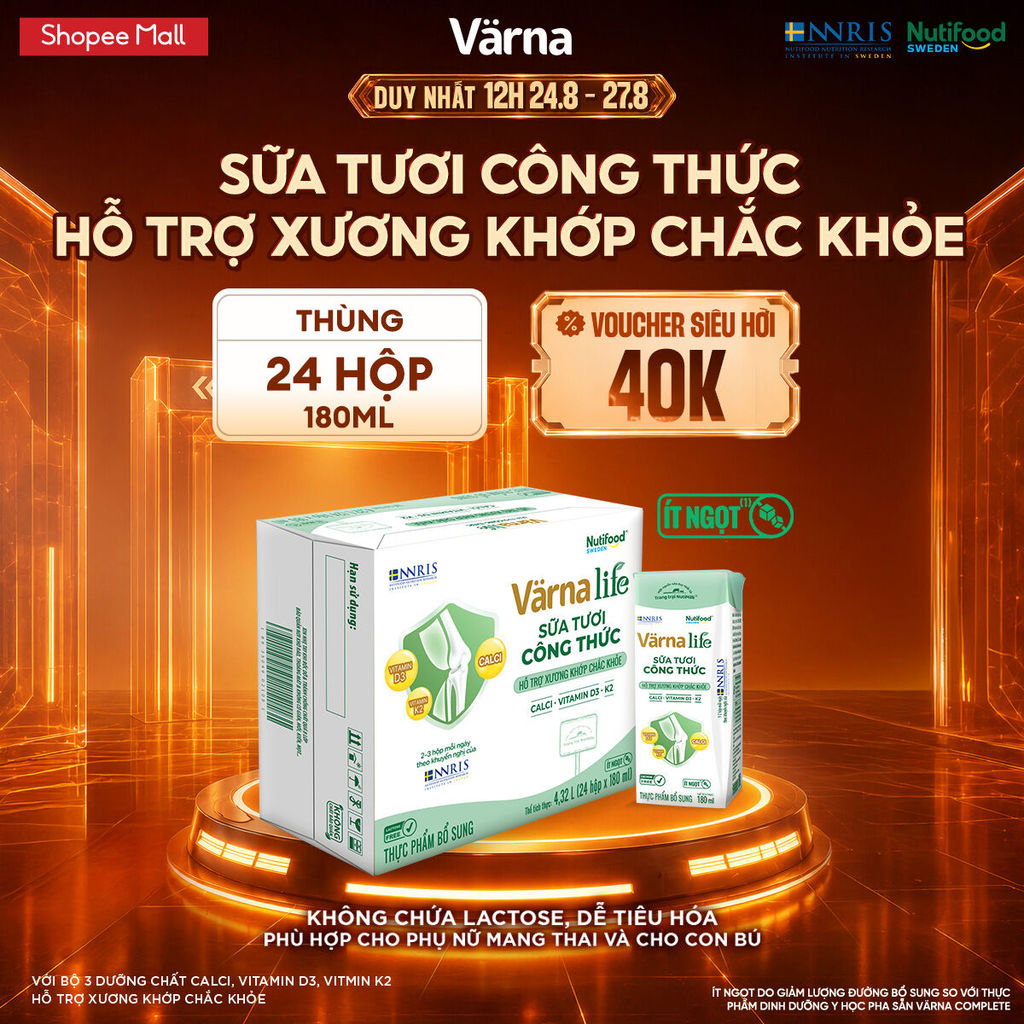 Thùng 24 hộp Varna Life sữa tươi công thức hỗ trợ xương khớp chắc khỏe (Xanh) ( 24 hộp x 180ml)
