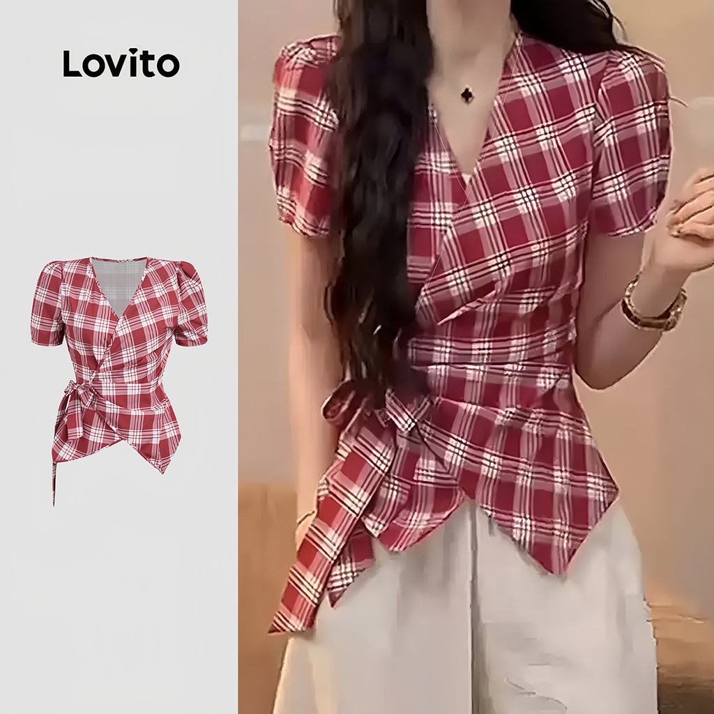 (New Arrival) Lovito Áo sơ mi nữ màu đỏ xếp ly phong cách thường ngày mùa xuân/hè L195ED363