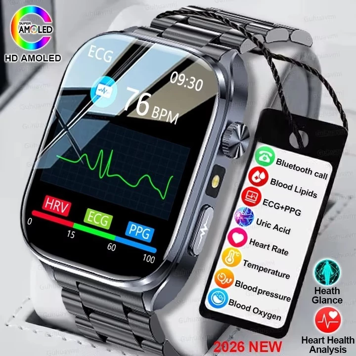 2026 Đồng hồ thông minh ECG chính xác mới Phân tích sức khỏe trái tim Phân tích máu Huyết áp Lipid Huyết áp BT gọi Đồng hồ thông minh cho nam giới