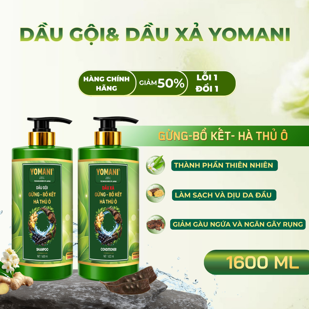 [CHAI 1 LÍT 6] Dầu Gội và Dầu Xả Gừng, Bồ Kết & Hà Thủ Ô YOMANI Giảm Gàu Ngứa Da Đầu, Dưỡng tóc bóng mượt Hỗ trợ mọc tóc