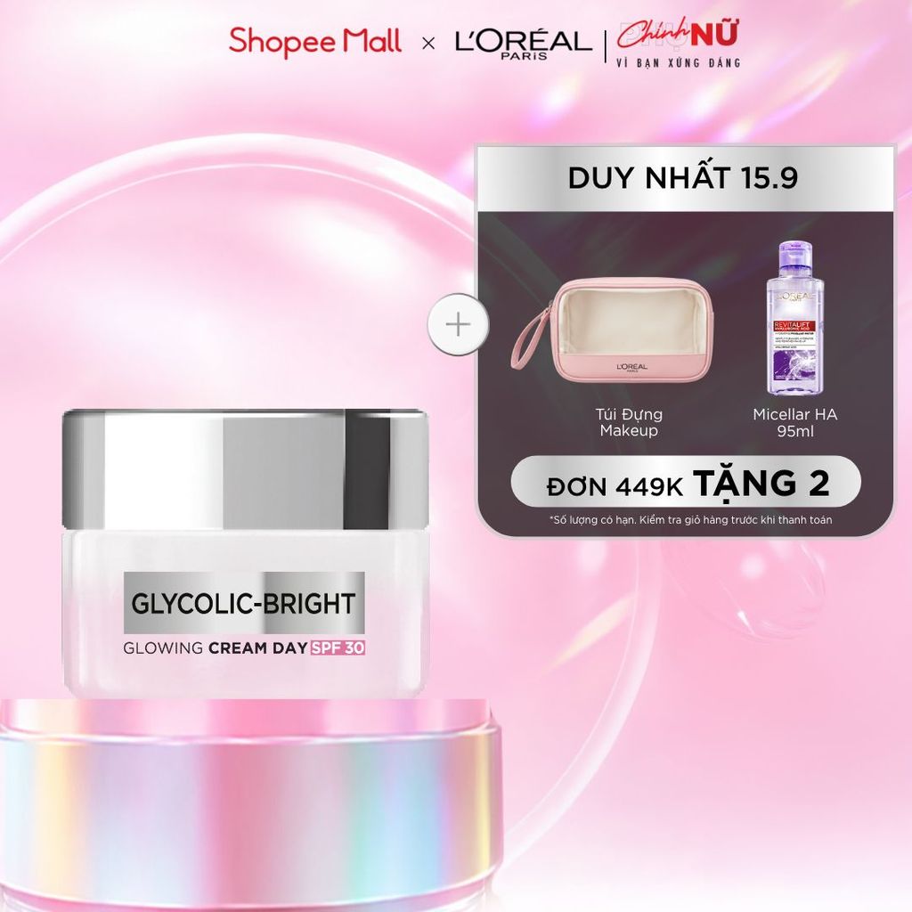 Kem dưỡng ban ngày dưỡng sáng mịn & mờ thâm nám L'Oreal Paris Glycolic (AHA) Bright [Glycolic + Niacinamide] SPF 30 50ml