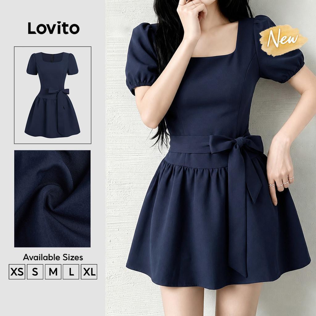 (New Arrival) Lovito Đầm thường buộc dây mùa xuân/hè màu xanh navy cho nữ DRB203TD008