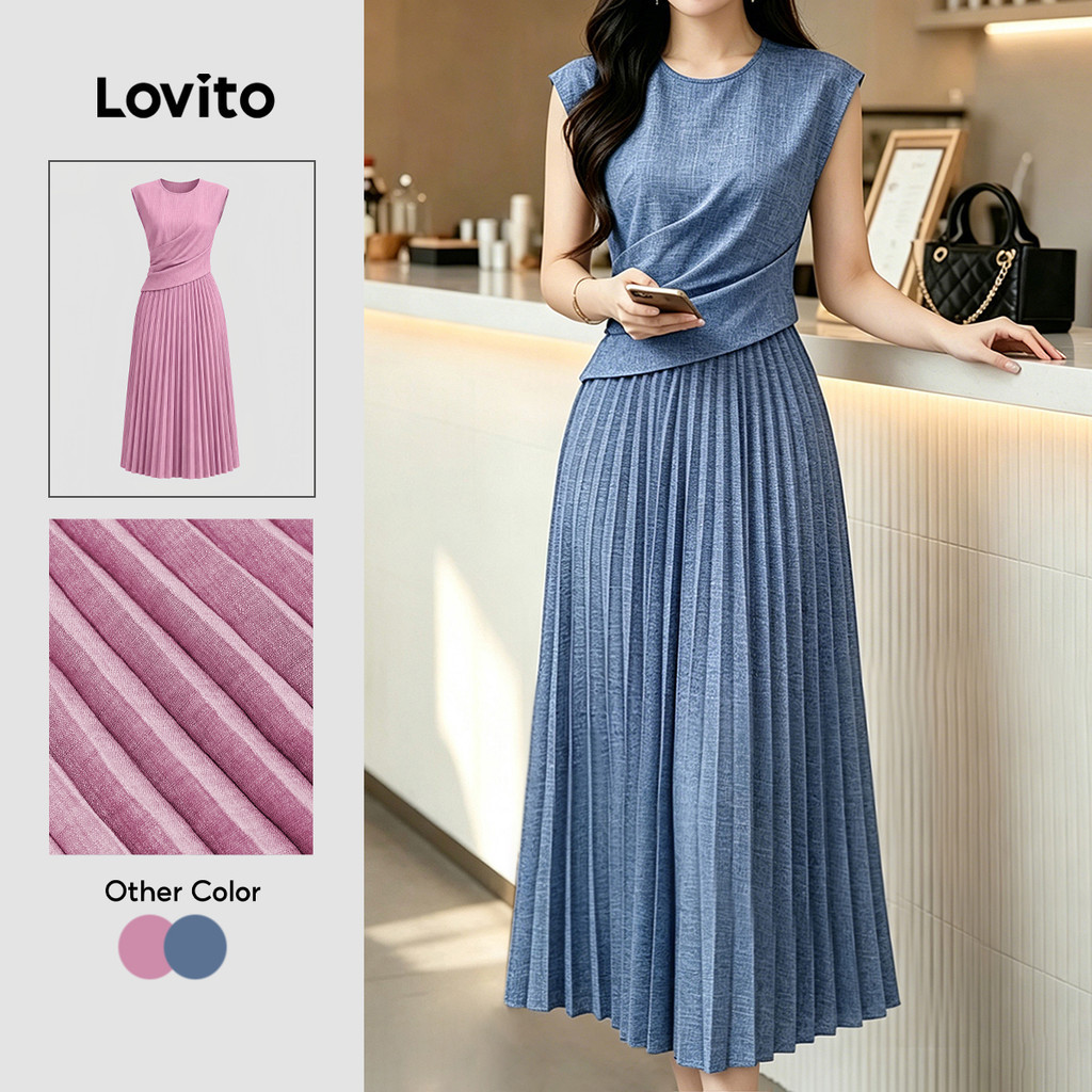Lovito Đầm nữ màu xanh navy phong cách thanh lịch chất liệu mềm mại thiết kế draped texture phù hợp mùa Xuân/Hè DRK8P2D078