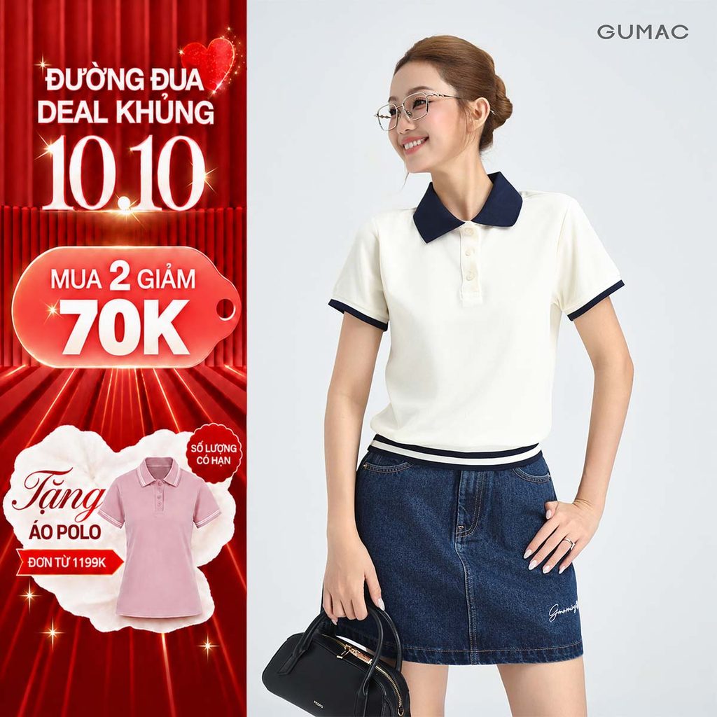 Áo Polo Nữ GUMAC Form Lửng Chất Thun Tổ Ong Bo Tay Phối Kiểu Sọc Thoáng Mát Trẻ Trung APG01024