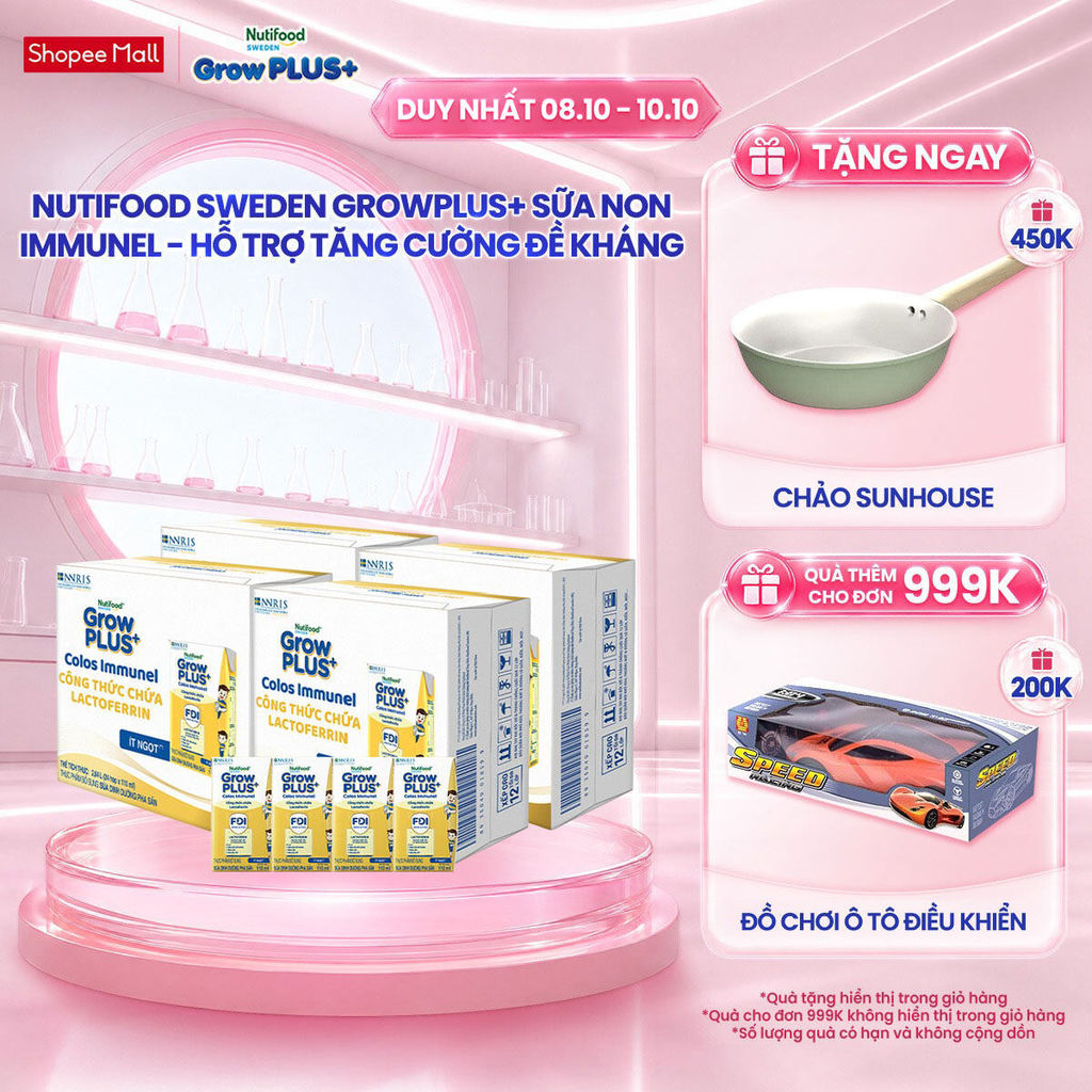 Combo 4 Thùng 24 hộp Sữa Bột Pha Sẵn Nutifood Sweden GrowPLUS+ Sữa Non Immunel hộp 110 ml (Bao bì tuỳ lô hàng)