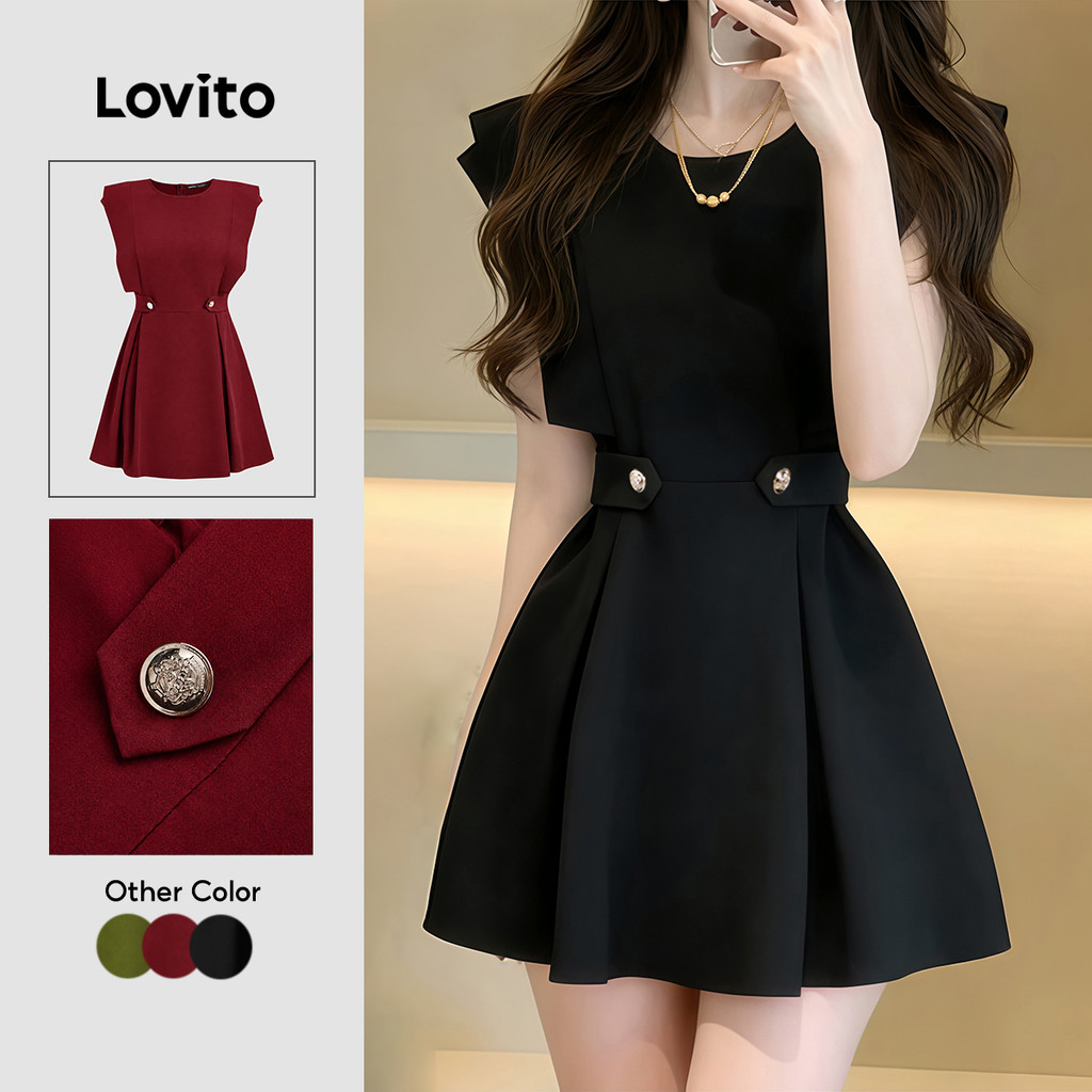 (New Arrival) Lovito Váy liền thường ngày xếp ly cúc xuân/hè màu đen cho nữ DRB201P1D400