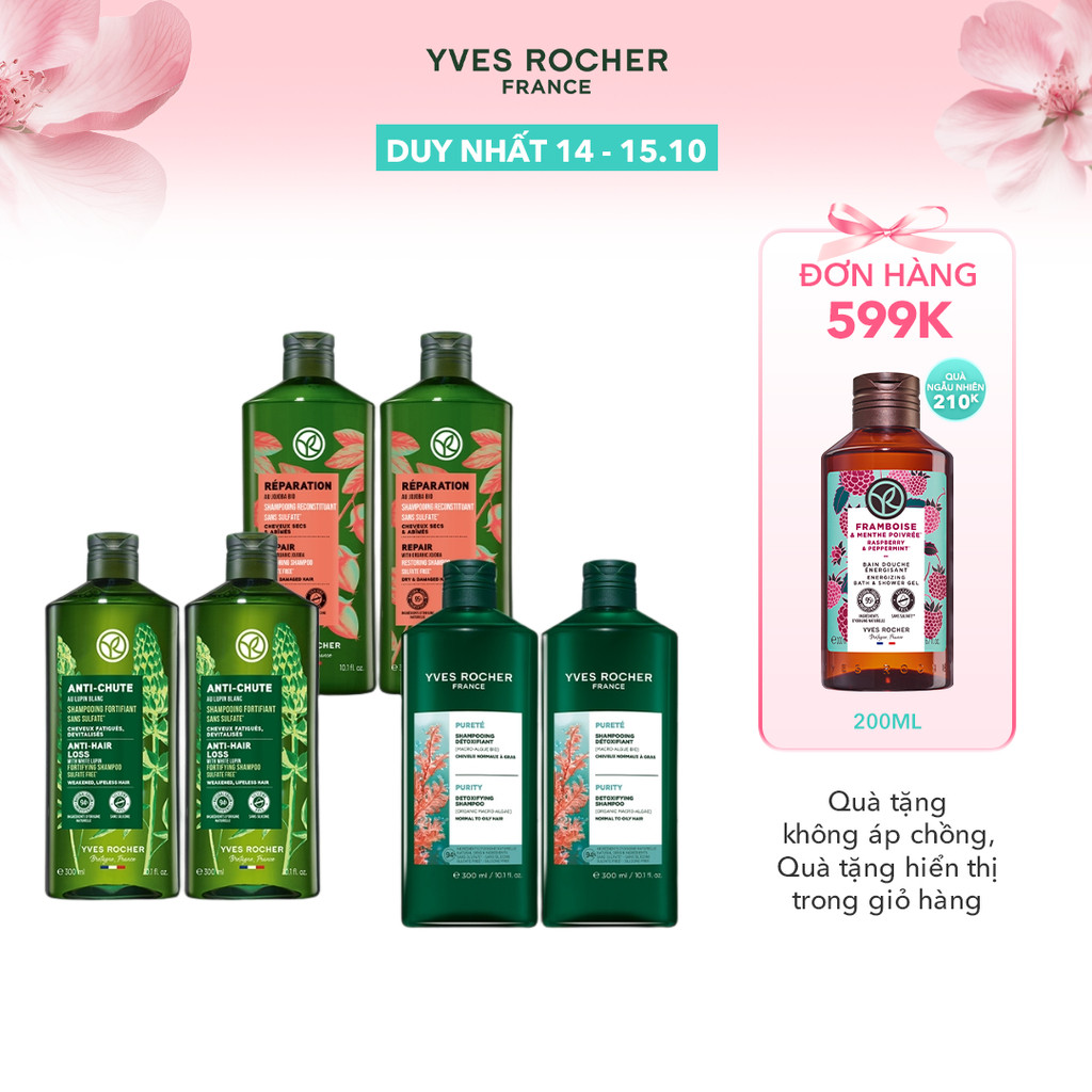Combo 2 dầu gội thiên nhiên không Sulfate không Silicone Yves Rocher 300mlx2 (nhiều phân loại)