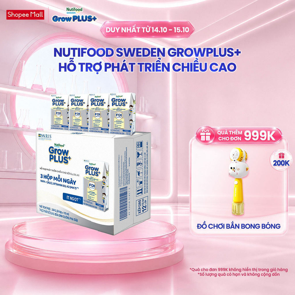 Thùng 24 hộp Sữa Bột Pha Sẵn Nutifood Sweden GrowPLUS+ Cao lớn vượt trội Height hộp 110 ml