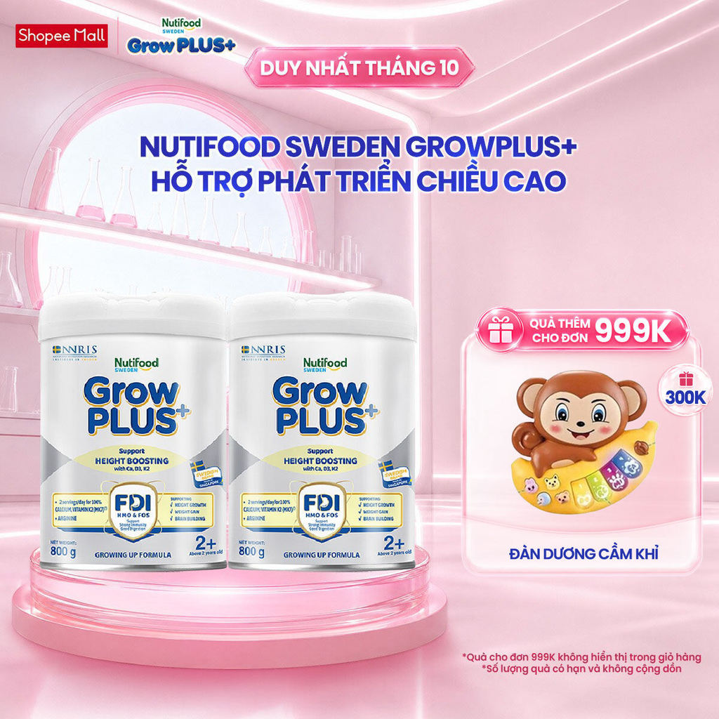 Combo 2 Sữa Bột Nutifood Sweden GrowPLUS+ Cao lớn vượt trội trên 2 tuổi (Bạc) 800g