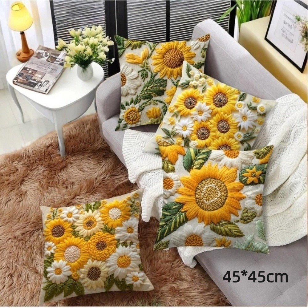 Vỏ Gối Hướng Dương THFENG, Đệm Sofa Sang Trọng 45x45cm, Vintage 2D Hoa Lông Tơ Mềm In Hình Phòng Ngủ Gối Trang Trí Nhà Cửa