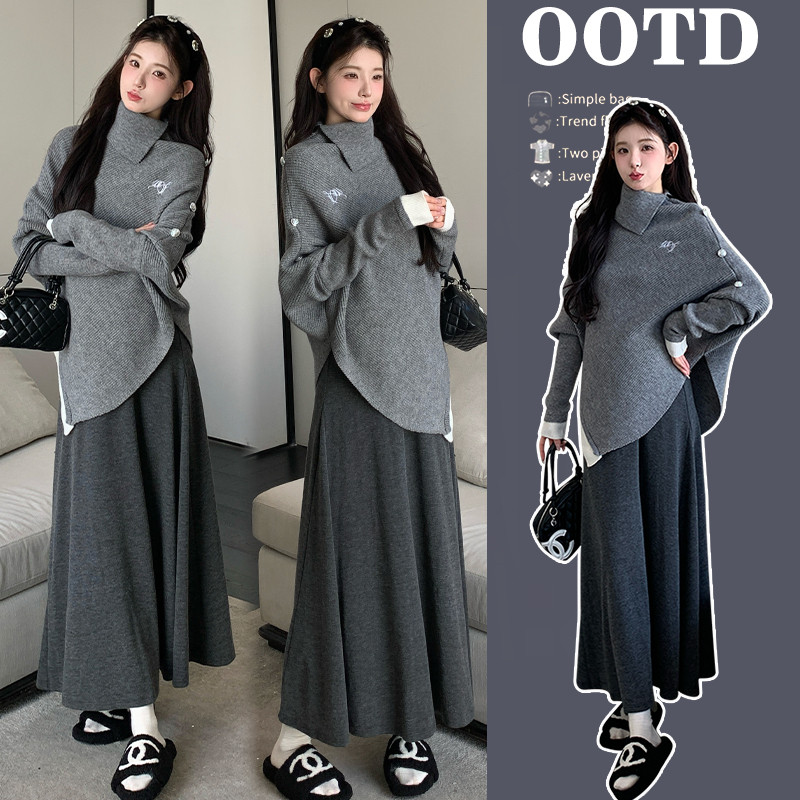 Bộ đồ bà bầu Thu Đông gồm áo len dáng rộng cổ cao và váy đuôi cá