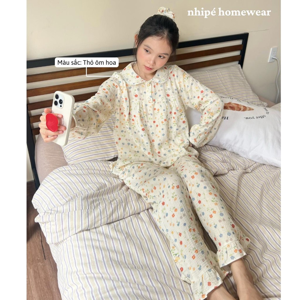 Set cổ sen tay dài quần dài nhipé homewear nữ mặc nhà họa tiết hoa dễ thương chât liệu xô muslin cao cấp mềm mịn mát