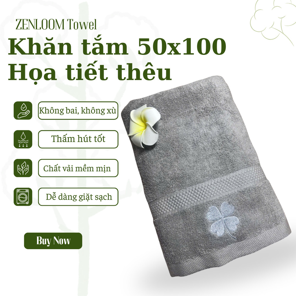 Set Khăn Tắm Cotton 50x100cm Thêu Cỏ 4 Lá – Mềm Mại, Thấm Hút Tốt, May Chắc Chắn