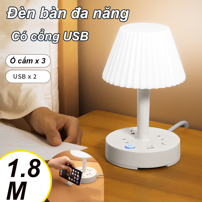 Đèn học để bàn đa năng,Đèn Ngủ Để Bàn,hợp ổ cắm điện có cổng USB +Giá đỡ điện thoại di động,Điều chỉnh ánh sáng ba cấp