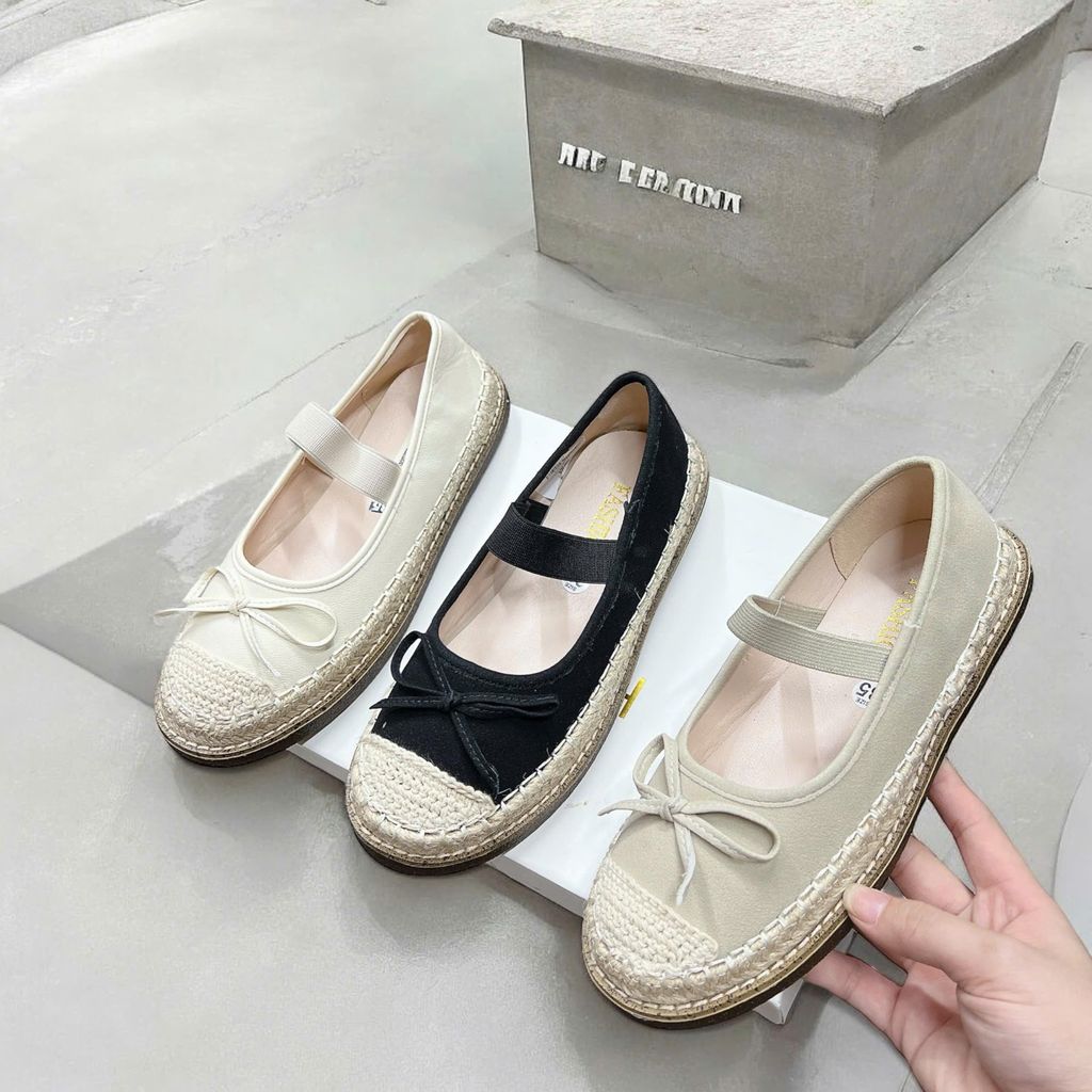 [Thảo Em - MBB8] Giày búp bê nữ lolita viền cói cao cấp phối nơ tiểu thư 3 màu đế mềm [Sẵn Hàng]