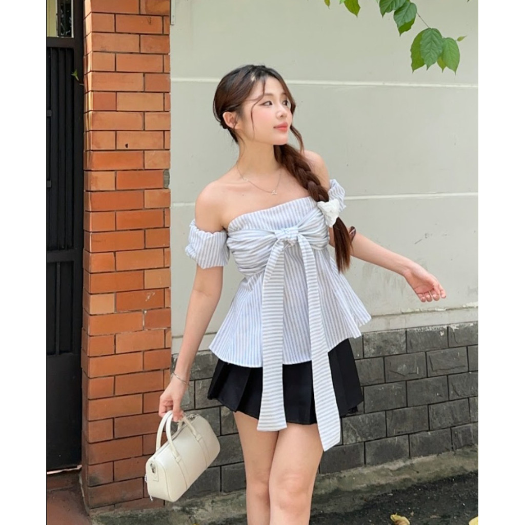 Áo Kiểu Nữ Kẻ Thắt Dây Ôm Eo Tay Bo Chun (tay tháo rời). Áo Sọc Cúp Ngực Phối Nơ Tay Phồng_A699