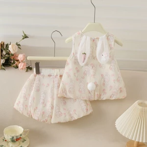 ✿ Váy không tay 2 mảnh Hàn Quốc cho bé gái Váy thêu thỏ dễ thương mùa hè bằng vải Cotton thoáng khí