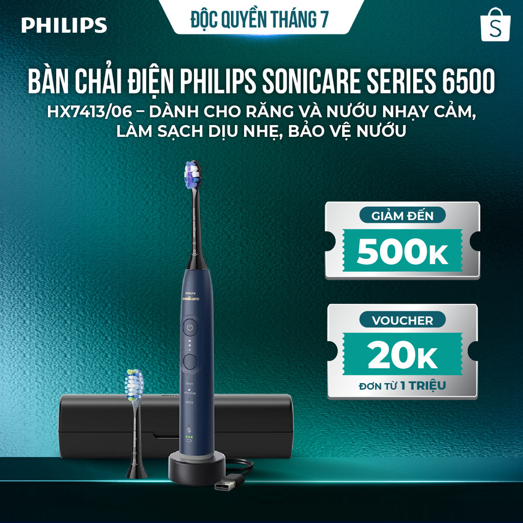 Bàn chải điện Philips Sonicare Series 6500 HX7413/06 – Dành cho răng và nướu nhạy cảm, làm sạch dịu nhẹ, bảo vệ nướu