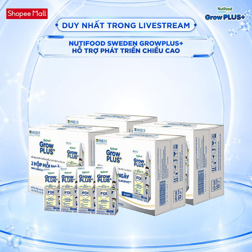 [Livestream KOL] Combo 4 Thùng 24 hộp Sữa Bột Pha Sẵn Nutifood Sweden GrowPLUS+ Cao lớn vượt trội hộp 180 ml