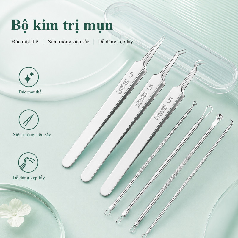 Nhíp Gắp Mụn Đầu Đen Chuyên Nghiệp – Bộ 3/8 Món Thép Không Gỉ, Làm Sạch Sâu, Nặn Mụn & Gắp Mụn Hiệu Quả, Không Đau