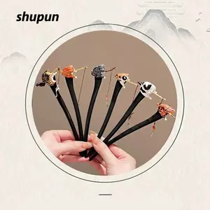 SHUPUN Hanfu Kẹp Tóc Gậy Tóc, Gỗ Đàn Hương Đen Tua Rua Mèo Câu Cá Bằng Gỗ Tóc, Thời Trang Retro Hanfu Phụ Kiện Phong Cách Trung Hoa Dụng Cụ Tạo Kiểu Tóc Nữ Bé Gái