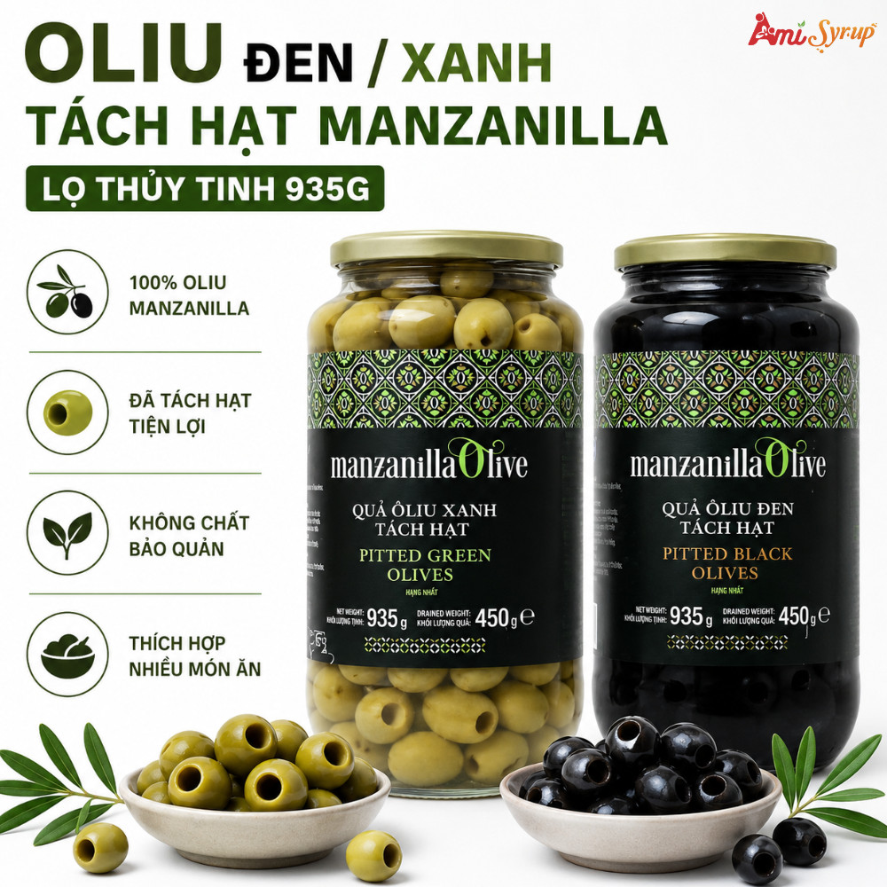 Oliu Đen Xanh Tách Hạt Manzanilla Lọ Thủy Tinh 935g, Thơm Ngon Bổ Dưỡng