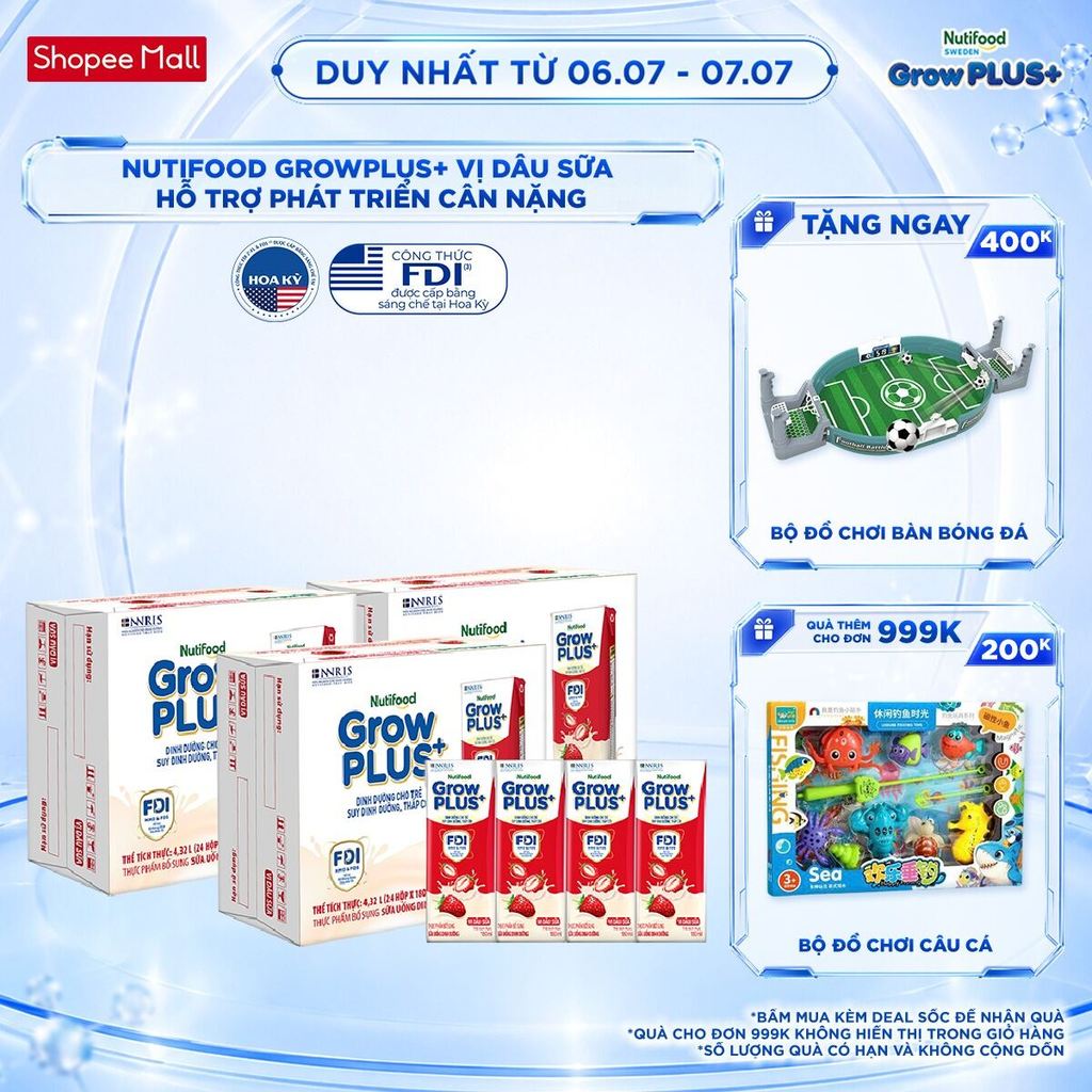 Combo 3 Thùng 24 hộp Sữa bột pha sẵn Nutifood GrowPLUS+ Vị Dâu Sữa hộp 180ml - Trên 1 tuổi