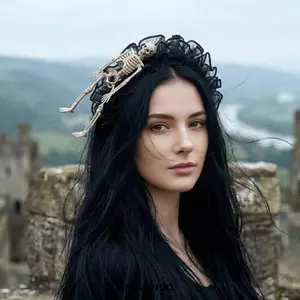 DONOVANQQ Đầu Lâu Tóc Hoop, Vành Rộng Lông Tơ Lưới Gothic Băng Đô, Ma Mũ Ruffle Ren 3D Skeleton Phong Cách Tối Cosplay Mũ Đội Đầu Goth Girls