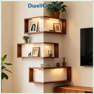 Kệ treo tường góc DWELLCO, Kệ sách góc treo tường, Tiết kiệm không gian Kệ nổi 90 độ Kệ trưng bày bằng gỗ tại nhà