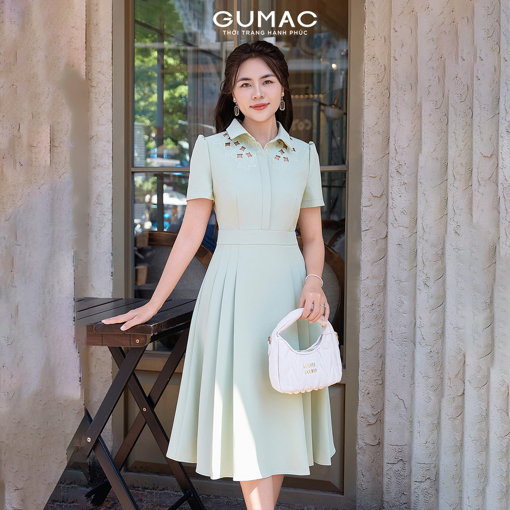 Đầm Nữ Dáng A Xòe GUMAC Phối Cổ Sơ Mi Thêu Hoa Cách Điệu DF03021
