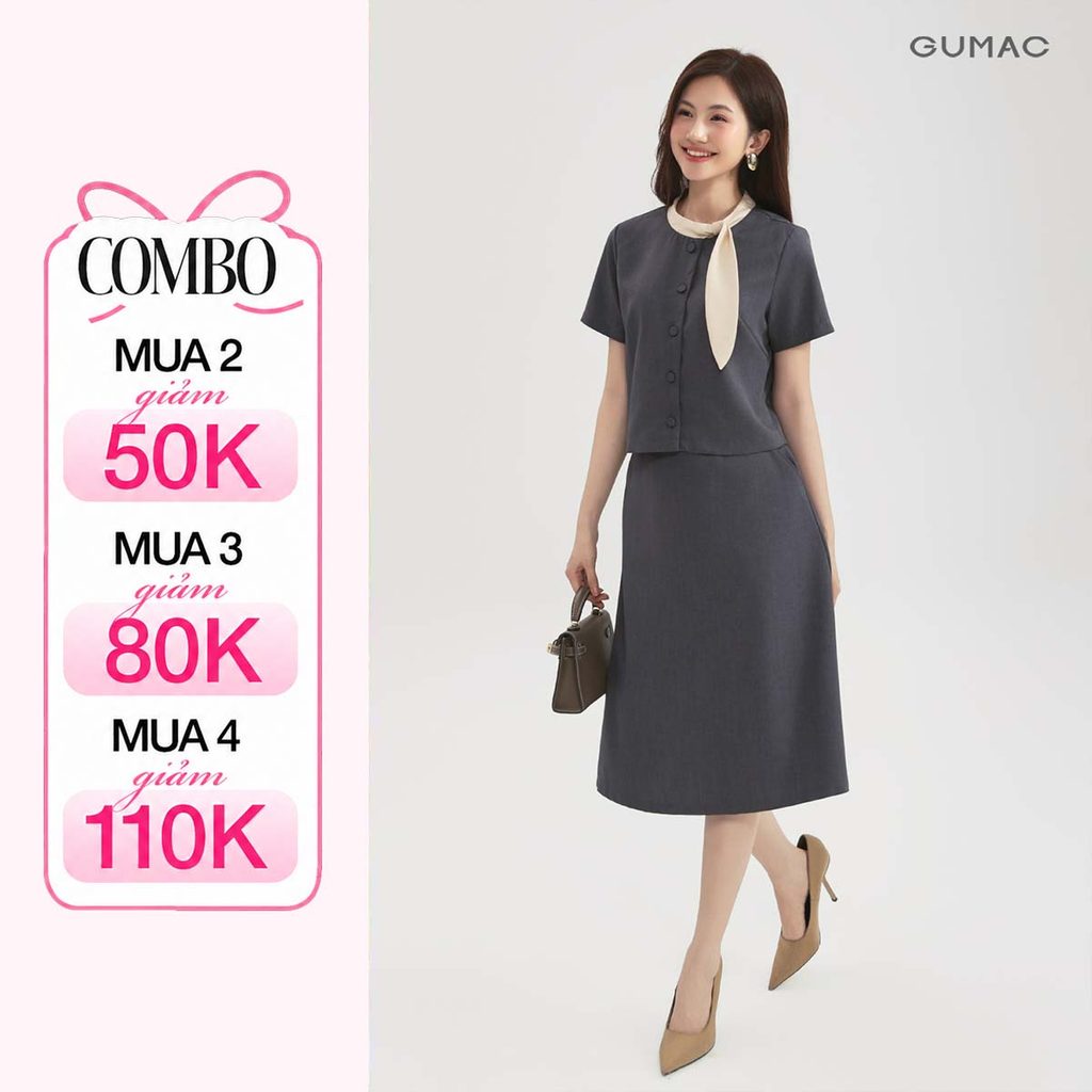 Set Lẻ Áo Kiểu GUMAC Dáng Lửng Thêu Cổ Cách Điệu LAF0913 - Chân Váy Nữ A Midi Thanh Lịch LVF0917
