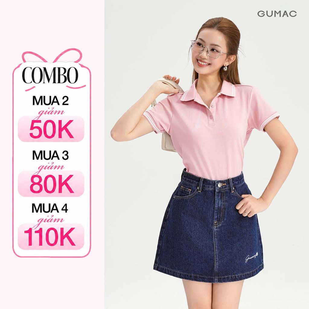 Chân Váy Jeans Ngắn GUMAC Dáng A Xòe Thêu Chữ Chất Denim Mềm Dễ Phối Có Lót Quần YVJF12089