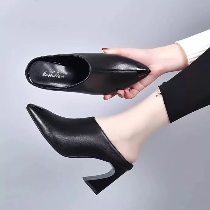 guốc nữ giày cao gót nữ Dép lê bít mũi nữ giày cao gót da thật đi bên ngoài mẫu mới mùa hè 2026 dép lê lười không sau dễ phối gót thô