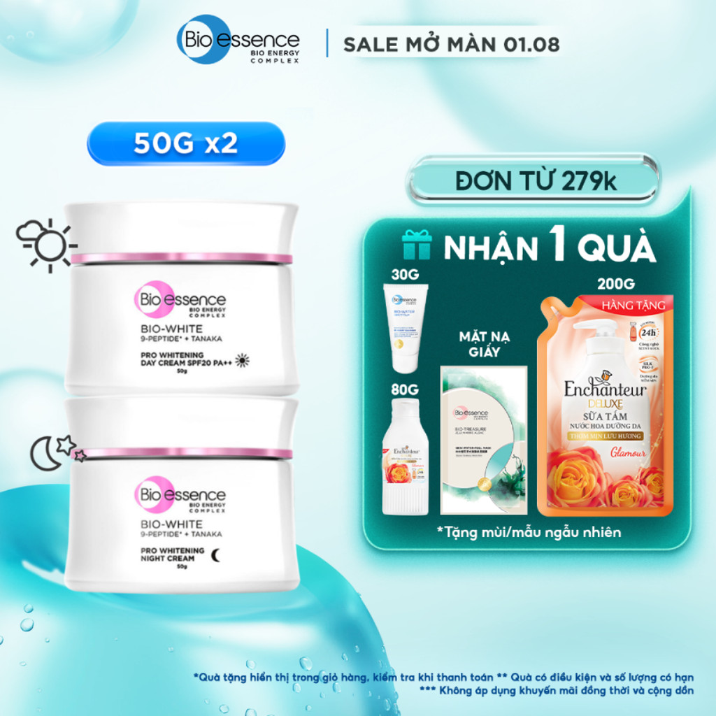 Bộ đôi Kem dưỡng trắng da ngày & đêm cho da sáng mịn rạng rỡ Bio essence Bio-White Pro Whitening 50gx2