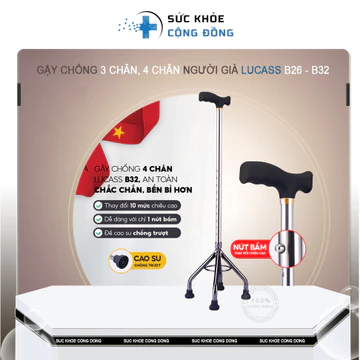 Gậy chống 3 chân, 4 chân người già Lucass b26 - b32, gậy batoong, đế cao su chống trượt> ( mẫu mới chân nhựa đen)