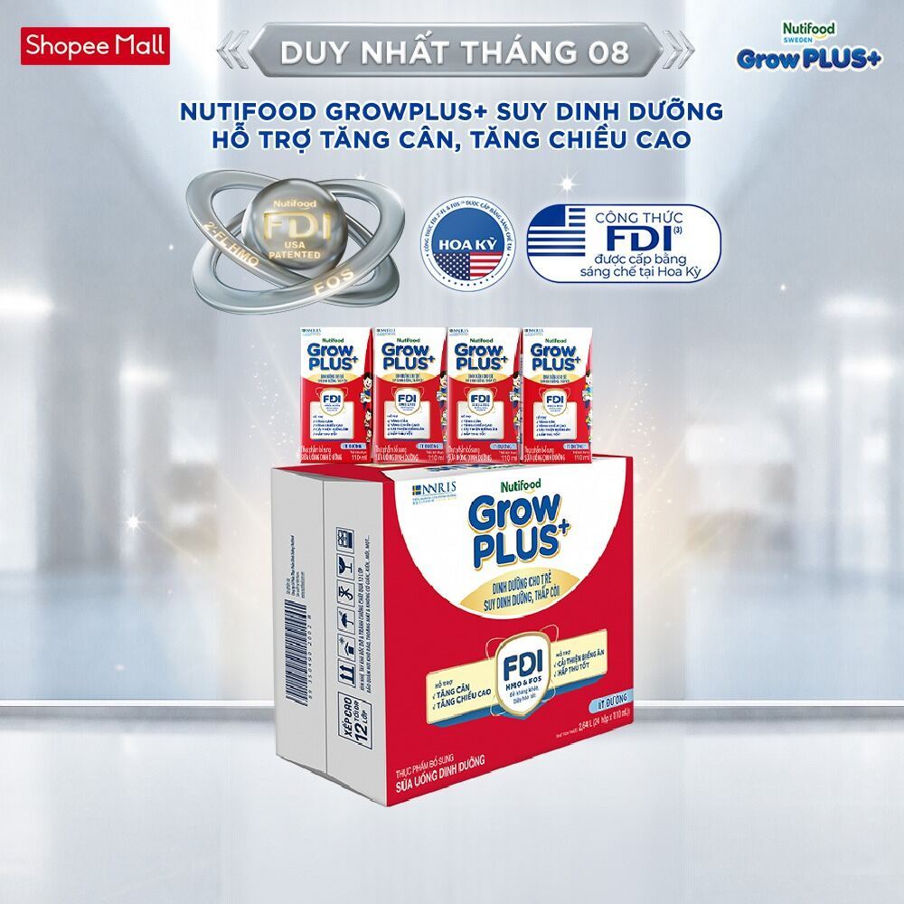 Thùng 24 hộp SBPS Nutifood GrowPLUS+ Suy Dinh Dưỡng (Đỏ) Ít đường 110ml – Tăng Cân, Tăng Chiều Cao (Bao bì tùy lô hàng)