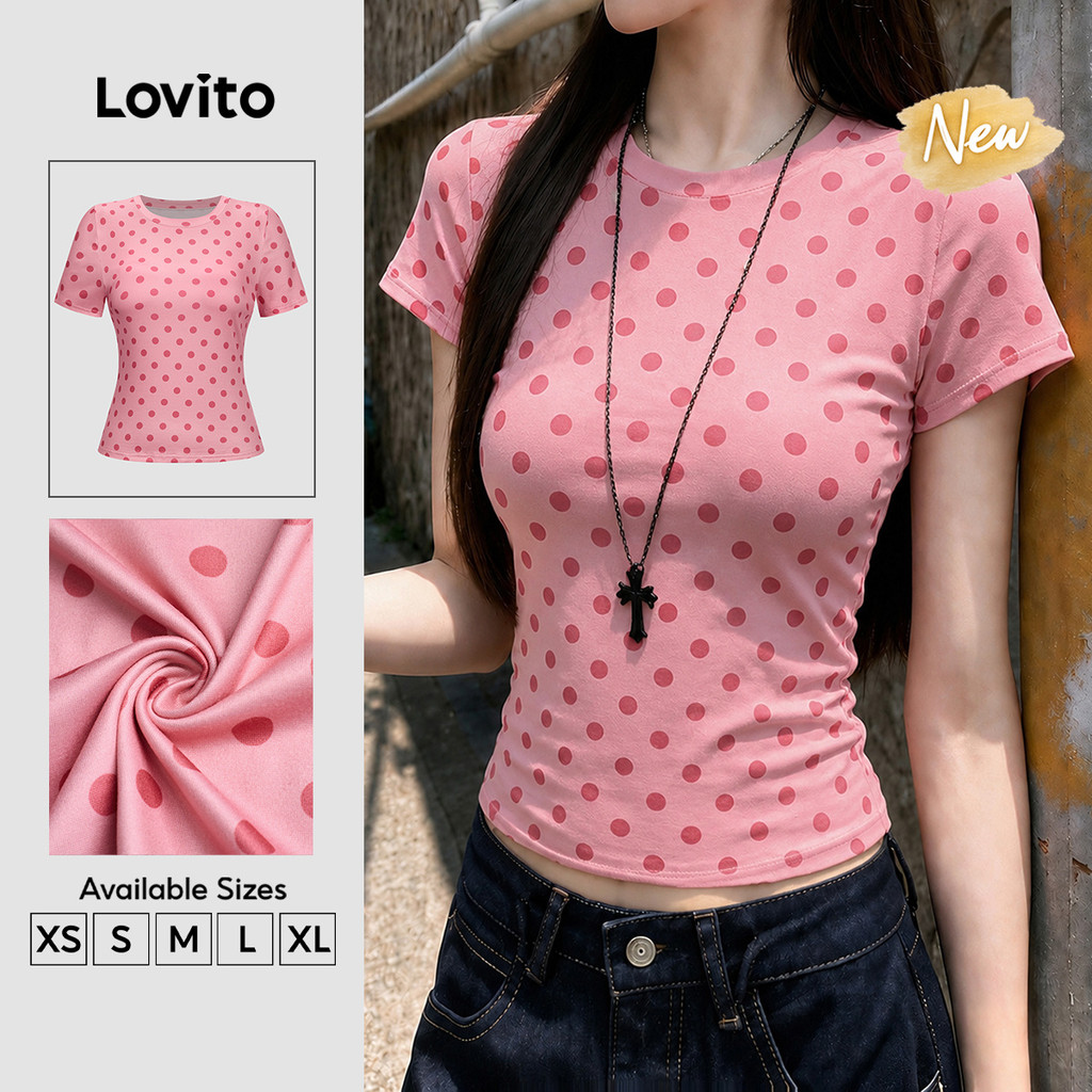 (New Arrival) Lovito Áo thun nữ đơn giản họa tiết nhẹ nhàng mùa xuân/hè màu hồng nhạt TSK9P2D498