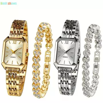 GIỚI HẠN HIỂN THỊ Đồng hồ và Bộ vòng tay kim cương giả, Đồng hồ thạch anh nữ hình chữ nhật trang sức, Thời trang cổ điển Hàn Quốc Mặt số Roma Đồng hồ đeo tay nữ Đồng hồ đeo tay nữ Đồng hồ đeo tay thườ