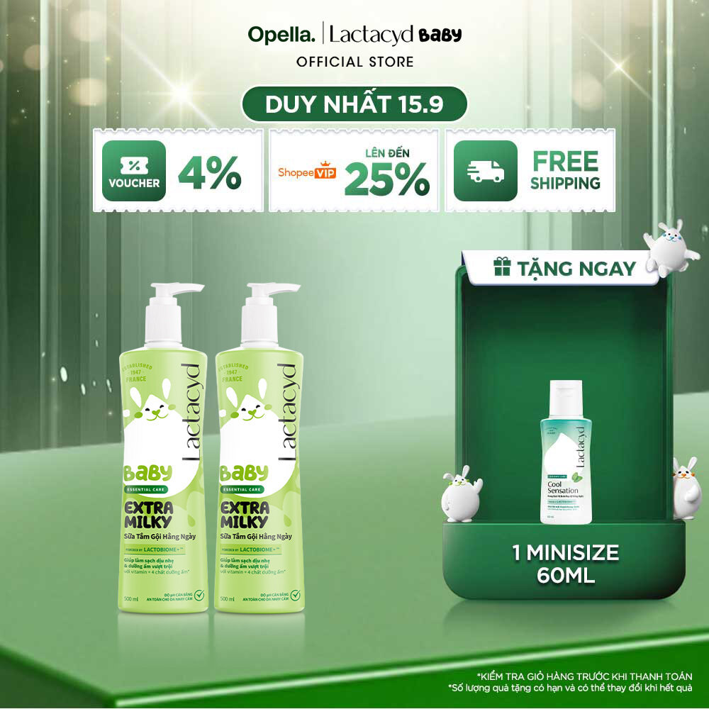Bộ 2 chai Sữa Tắm Gội Trẻ Em Lactacyd Baby Extra Milky Làm Sạch Dịu Nhẹ và Dưỡng Ẩm Vượt Trội 500ml/chai