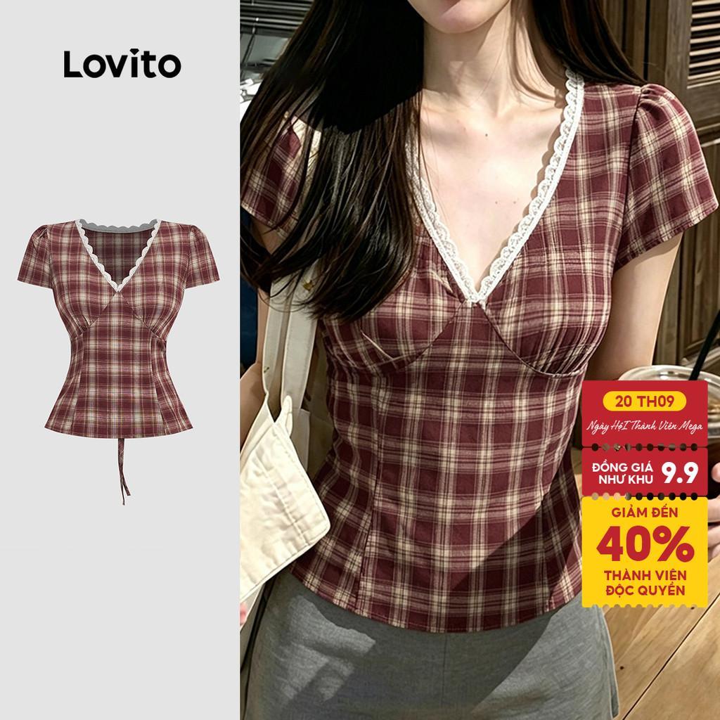 Lovito Áo thanh lịch viền cổ buộc sau lưng mùa xuân/hè màu đỏ trắng cho nữ L196ED612