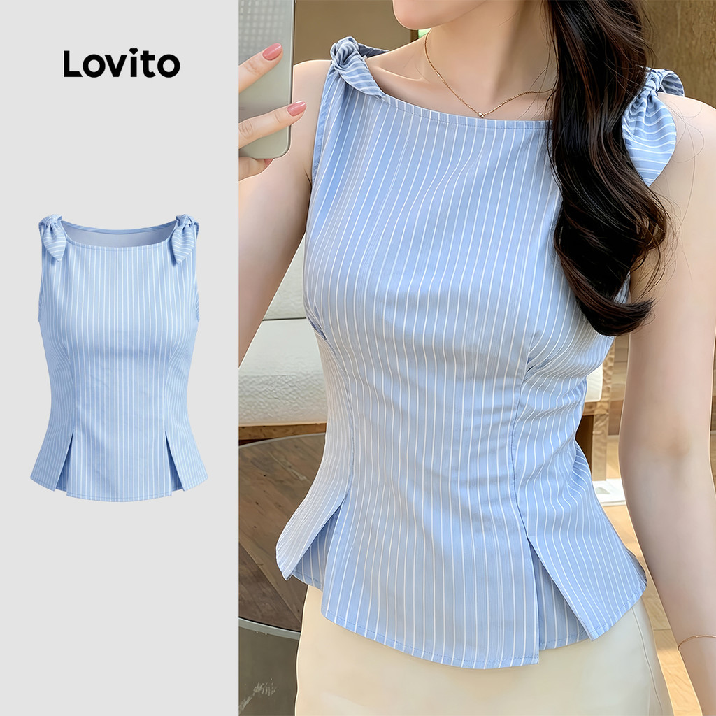 Lovito Áo nữ đơn giản thanh lịch mùa xuân/hè màu xanh dương TKK8TD120