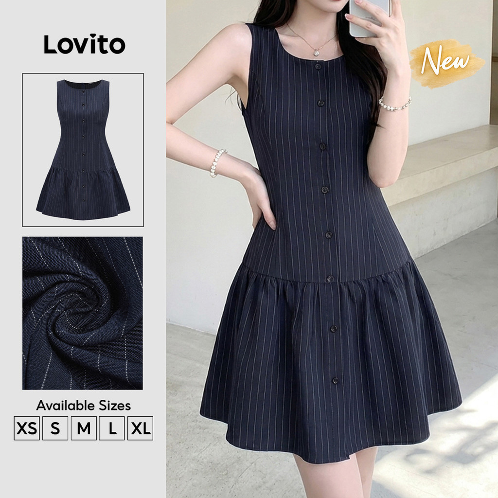 (New Arrival) Lovito Đầm nữ màu Xanh dương đậm Phong cách thường ngày họa tiết sọc và nút Phong cách học đường dáng chữ a ngắn phù hợp mùa xuân hè và cuối tuần DRB204P1D128
