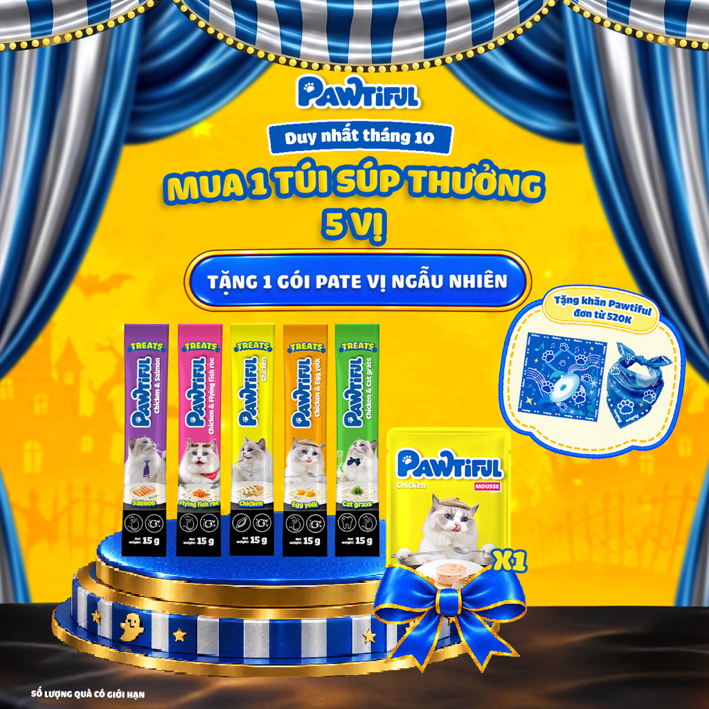 Túi súp thưởng Pawtiful cho Mèo bổ Sung Omega-3, DHA & Vitamin, hỗ trợ lông bóng mượt | 5 Thanh x15g