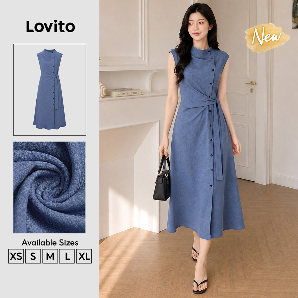 (New Arrival) Lovito Đầm nữ màu Xanh dương dáng chữ a dài Thanh lịch nút cài lệch mặc đi làm công sở mùa xuân hè DRB206TD071