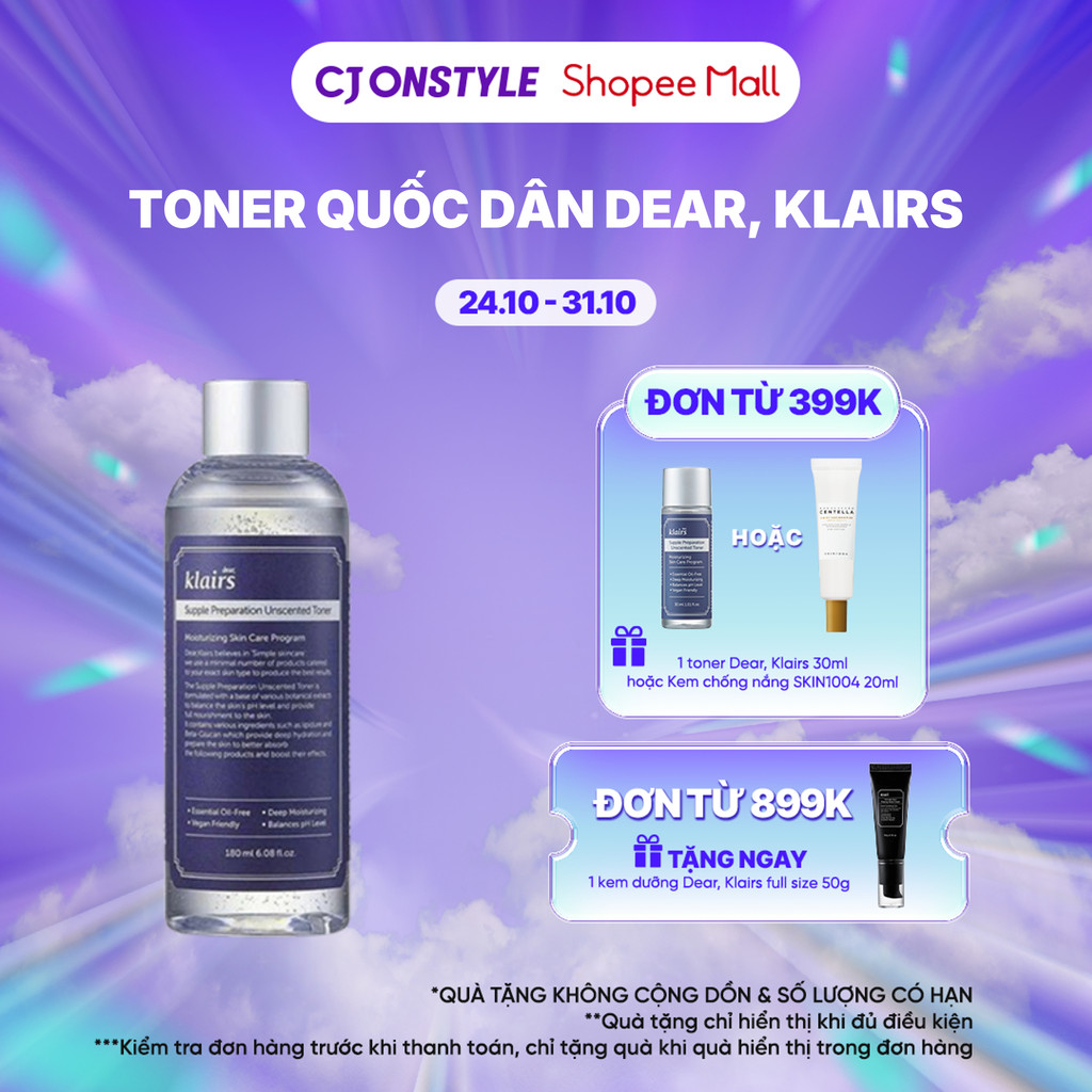 Nước hoa hồng Dear, Klairs Supple Preparation Unscented Toner quốc dân, dưỡng ẩm sâu 180ml